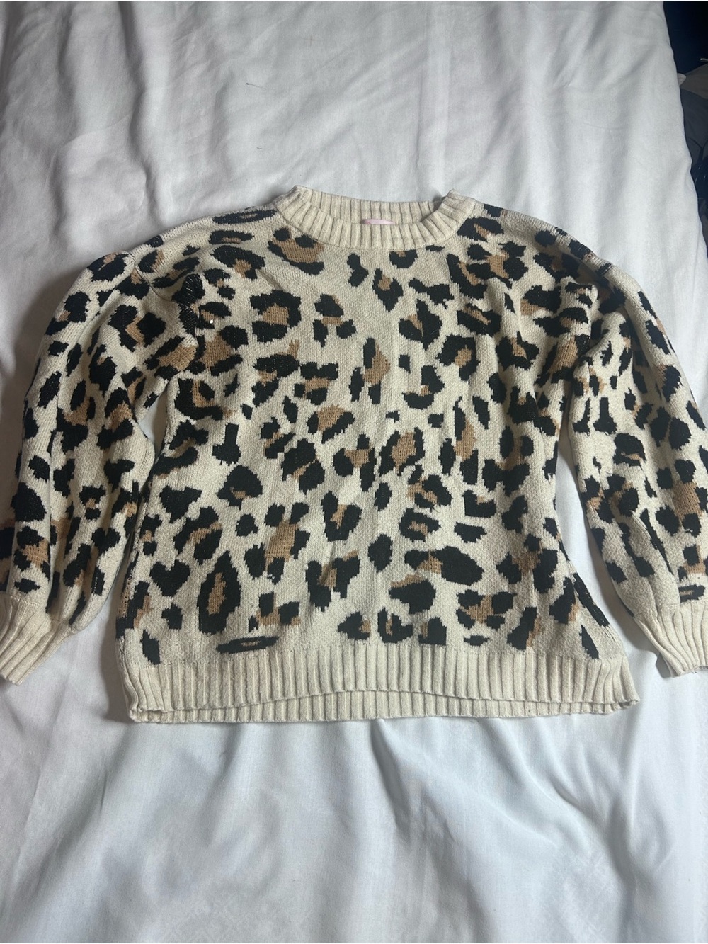 Pink Lily Leopard Print Crewneck Sweater in Cream, Brown, and Black